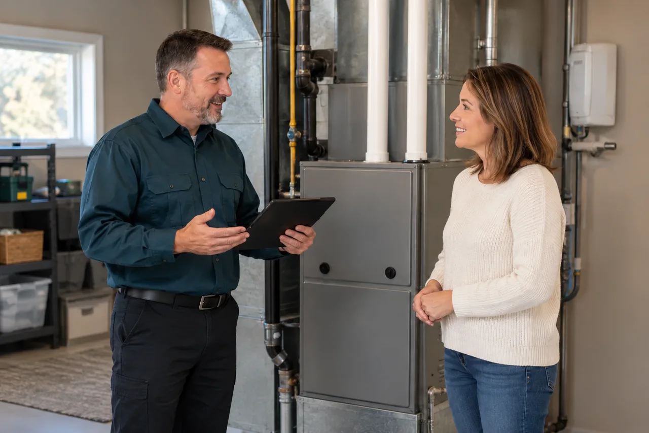 Staged illustration of a homeowner discussing a residential furnace with a model technician