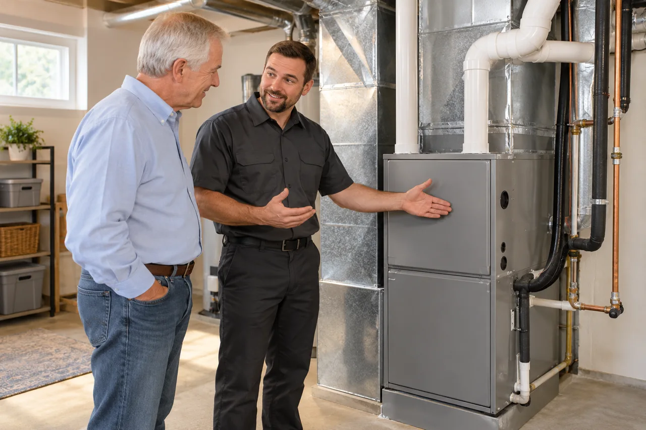 Illustrative discussion beside an enclosed replacement furnace